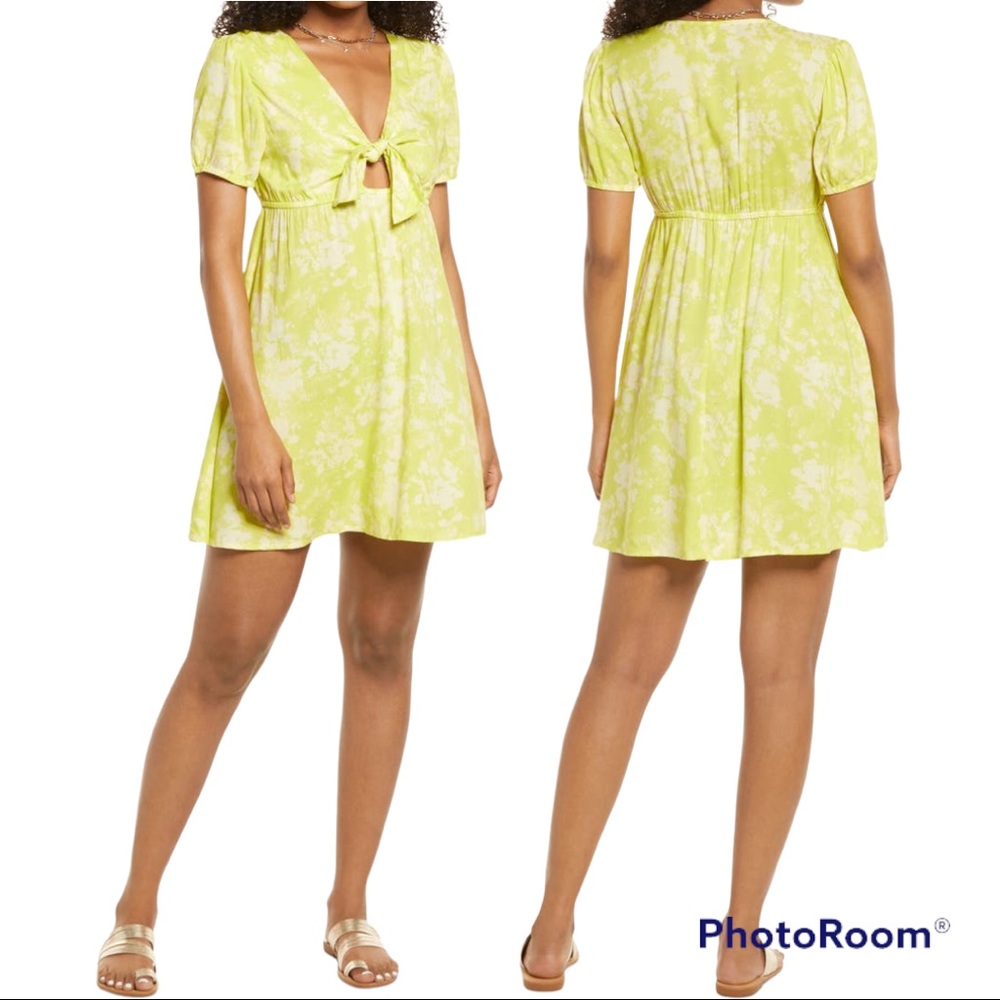 BP by Nordstrom Green and White V-Neck Tie Front Mini Dress Small